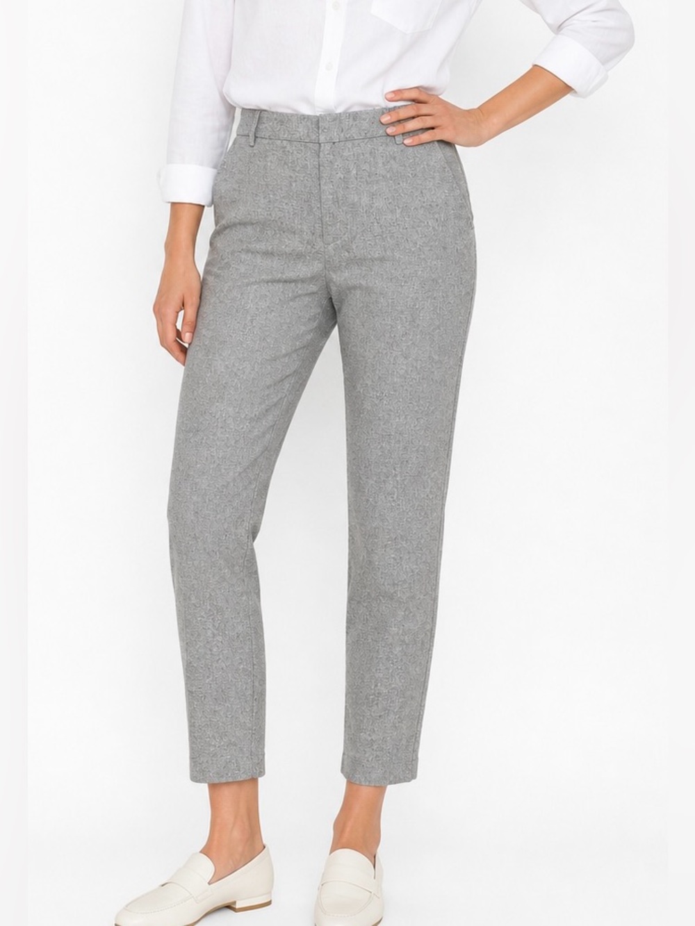 Jackie Lutze Speckled Gray Hemp Cotton Quiet Luxury Tailored Trousers Size 8